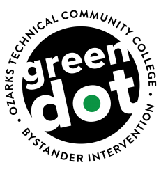 Green Dot logo. Black circle that says "green dot" in white text. The black circle has the words "Ozarks Technical Community College" and "Bystander Intervention" in a circle around it.