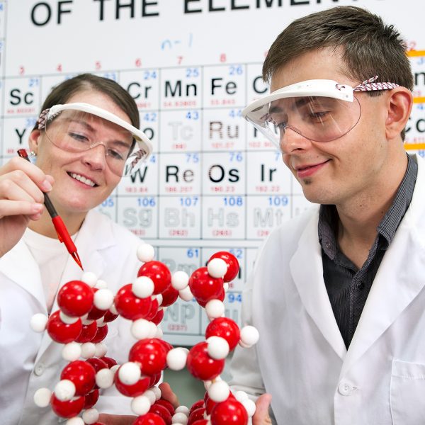 Chemistry students studying a molecular structure.