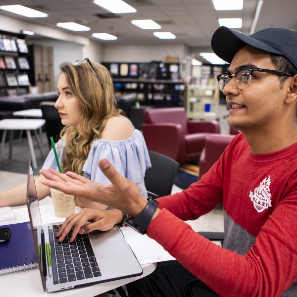 Two students studying in the Hamra Library.