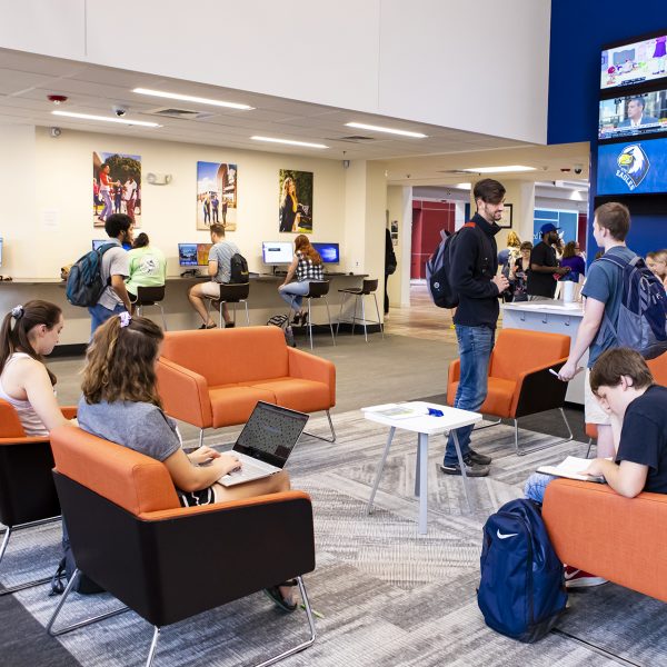 Students in the welcome center.
