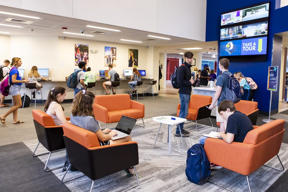Students in the welcome center.