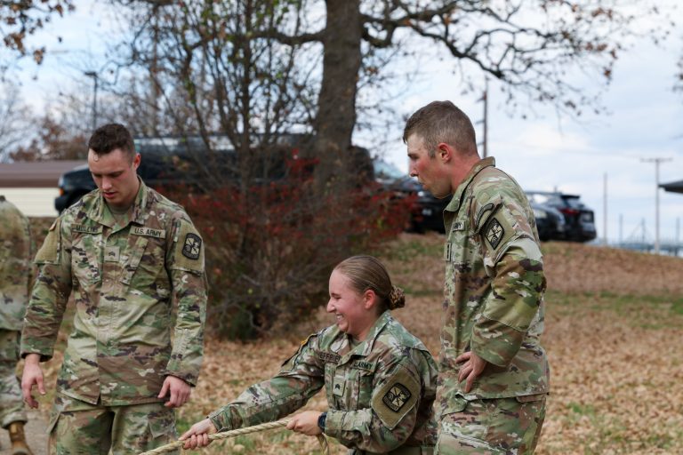 Cadet Brianna Jeffries, Missouri State University, pulls a weighted skedco across a field during the crucible event of the 3rd Brigade Army ROTC Ranger Challenge, Nov. 4, at Fort Leonard Wood, Mo. The crucible included tire flips, a skedco pull and a sandbag relay. | Photo by Amy Turner, U.S. Army Cadet Command Public Affairs