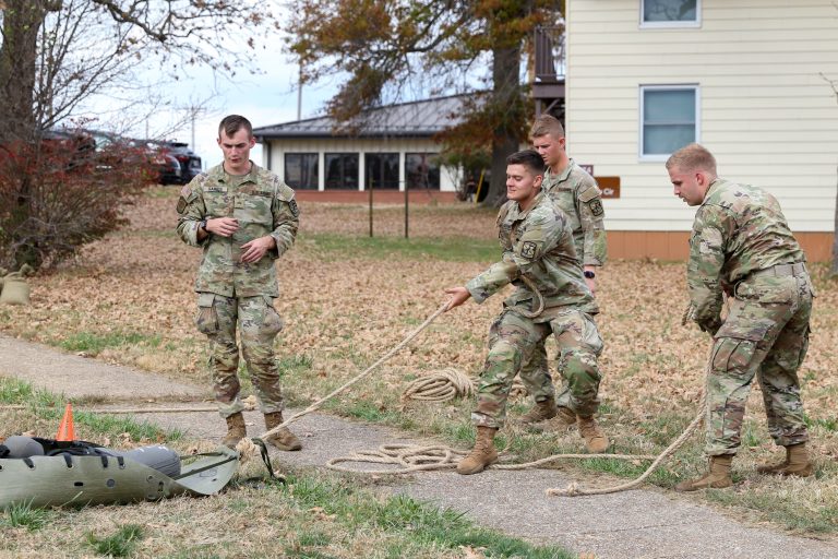 Cadet Zachary Gorenfol, Missouri State University, pulls a weighted skedco across a field during the crucible event of the 3rd Brigade Army ROTC Ranger Challenge, Nov. 4, at Fort Leonard Wood, Mo. The crucible included tire flips, a skedco pull and a sandbag relay. | Photo by Amy Turner, U.S. Army Cadet Command Public Affairs