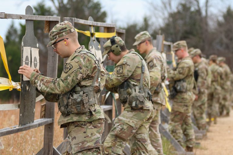 Cadets at the 3rd Brigade Army ROTC Ranger Challenge check their groupings Nov. 4, at Fort Leonard Wood, Mo. The Ranger Challenge lasted two days and included 16 events. The teams placing in the top two earned a spot in the Sandhurst Military Skills Competition hosted by the United Sates Military Academy in the spring. | Photo by Amy Turner, U.S. Army Cadet Command Public Affairs