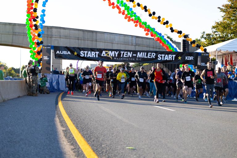 Cadets run in the 39th Annual Army Ten-Miler, Washington, Oct. 8, 2023. The course began at the Pentagon and passes D.C. landmarks such as the Lincoln Memorial, Korean War Memorial, Martin Luther King Jr. Memorial and the Washington Monument. | Photo by Ian Ives, U.S. Army Cadet Command Public Affairs.